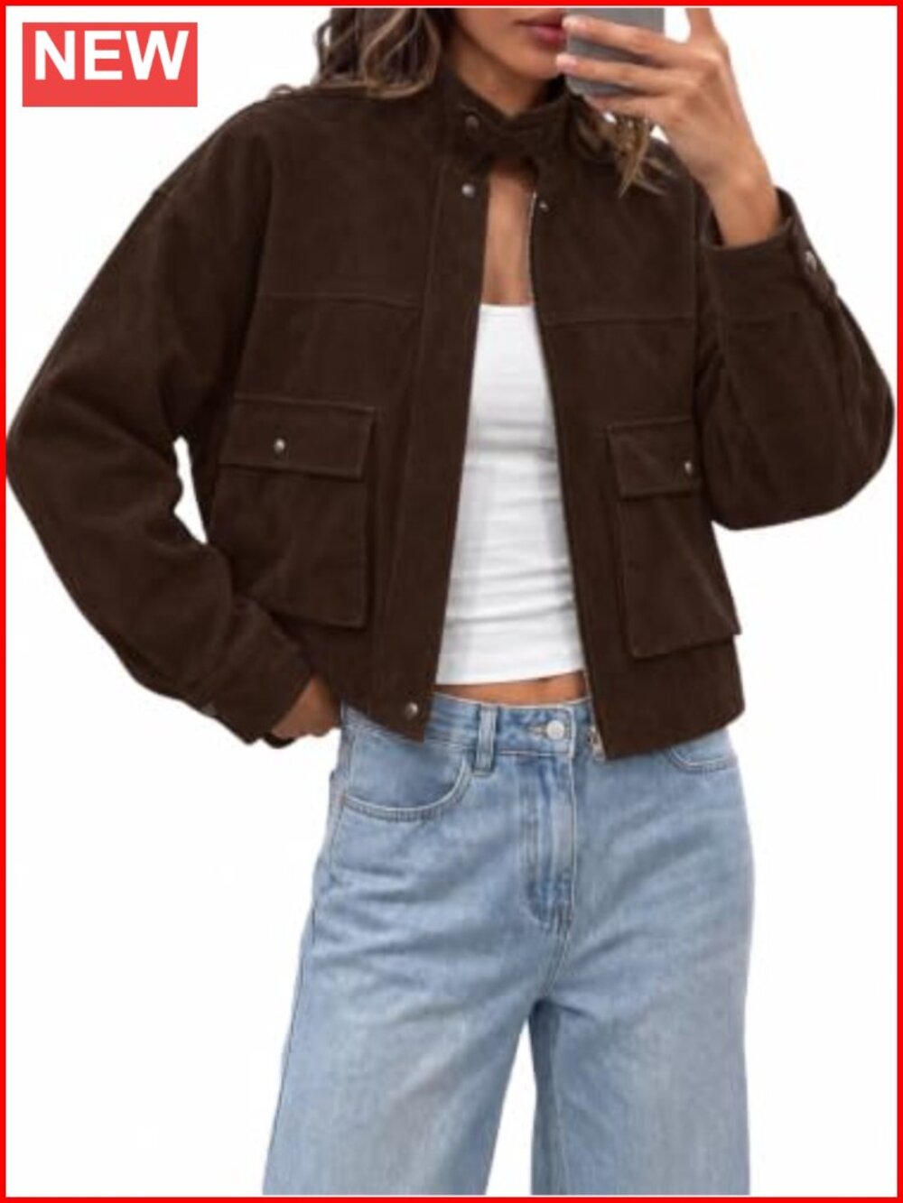 Womens Faux Suede Bomber Jacket Fall Utility Cropped Coat Outwear